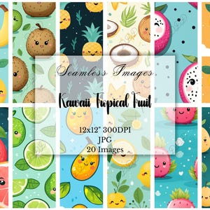 Kawaii Tropical Fruit Digital Paper, 20 Seamless JPGS, Cute Fruit Patterns, Scrapbook, Journal, Collage, Backgrounds, Digital Download