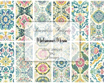 May include: A collection of 12 seamless digital images with floral and geometric patterns in shades of blue, pink, yellow, and green. The images are labeled "Seamless Images" and "Midsummer Mosaic."