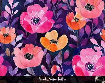 Purple Pink & Orange Floral Seamless Pattern: Watercolor Flower Background, Surface Pattern, JPG + PNG, Digital Download, Commercial Use