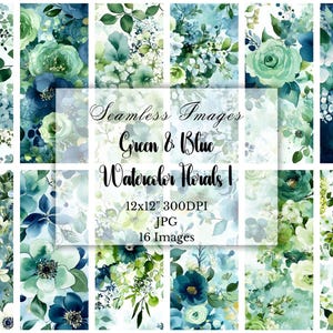 Seamless Green Blue Floral Digital Paper Pack, 12x12 300DPI, JPG, Scrapbook Paper, Junk Journal, Watercolor Florals, Collage