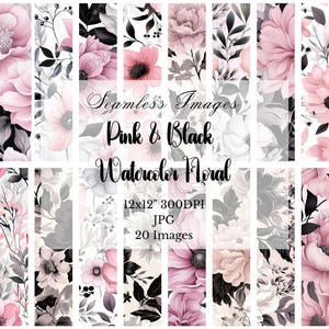 Carta digitale floreale acquerello rosa e nero, motivi senza soluzione di continuità, 20 immagini JPG, scrapbooking 12 x 12 pollici, inviti, diario, sfondi