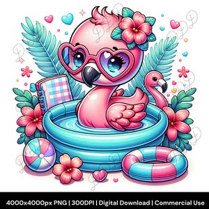 Flamingo fofo dia na piscina PNG, festa na piscina de verão, download digital, sublimação PNG, 300 DPI, uso comercial, flamingo kawaii