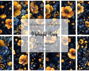 Navy Blue & Marigold Floral Digital Paper: Painterly Flower Seamless Patterns, Botanical Scrapbook Paper, Commercial Use, Digital Download