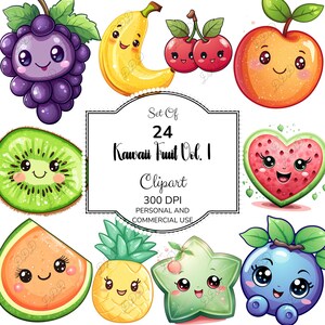 Clipart de frutas kawaii, 24 lindas caras de frutas PNG, pegatinas digitales, uso comercial, 300 DPI, uvas, plátano, cereza, manzana, kiwi, piña