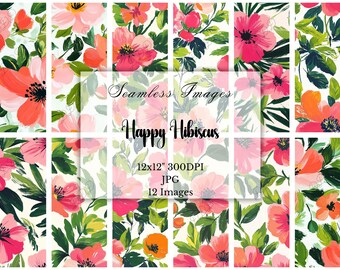 Tropical Pink Hibiscus Floral Digital Paper: Summer Botanical Seamless Patterns, Commercial Use, Scrapbooking, Crafting, Digital Download