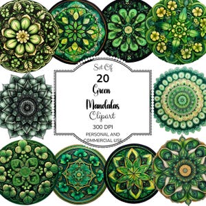 May include: Set of 20 green mandala clipart images. Each image features a unique intricate design with green, gold, and white colors. The images are 300 DPI and can be used for personal and commercial purposes.