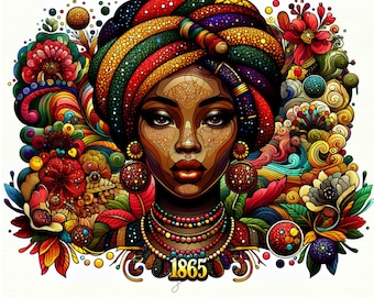 May include: A colorful digital illustration of a woman with a turban and jewelry. The woman has dark skin and brown eyes. The background is filled with colorful flowers and swirls. The year 1865 is written in gold at the bottom of the image.