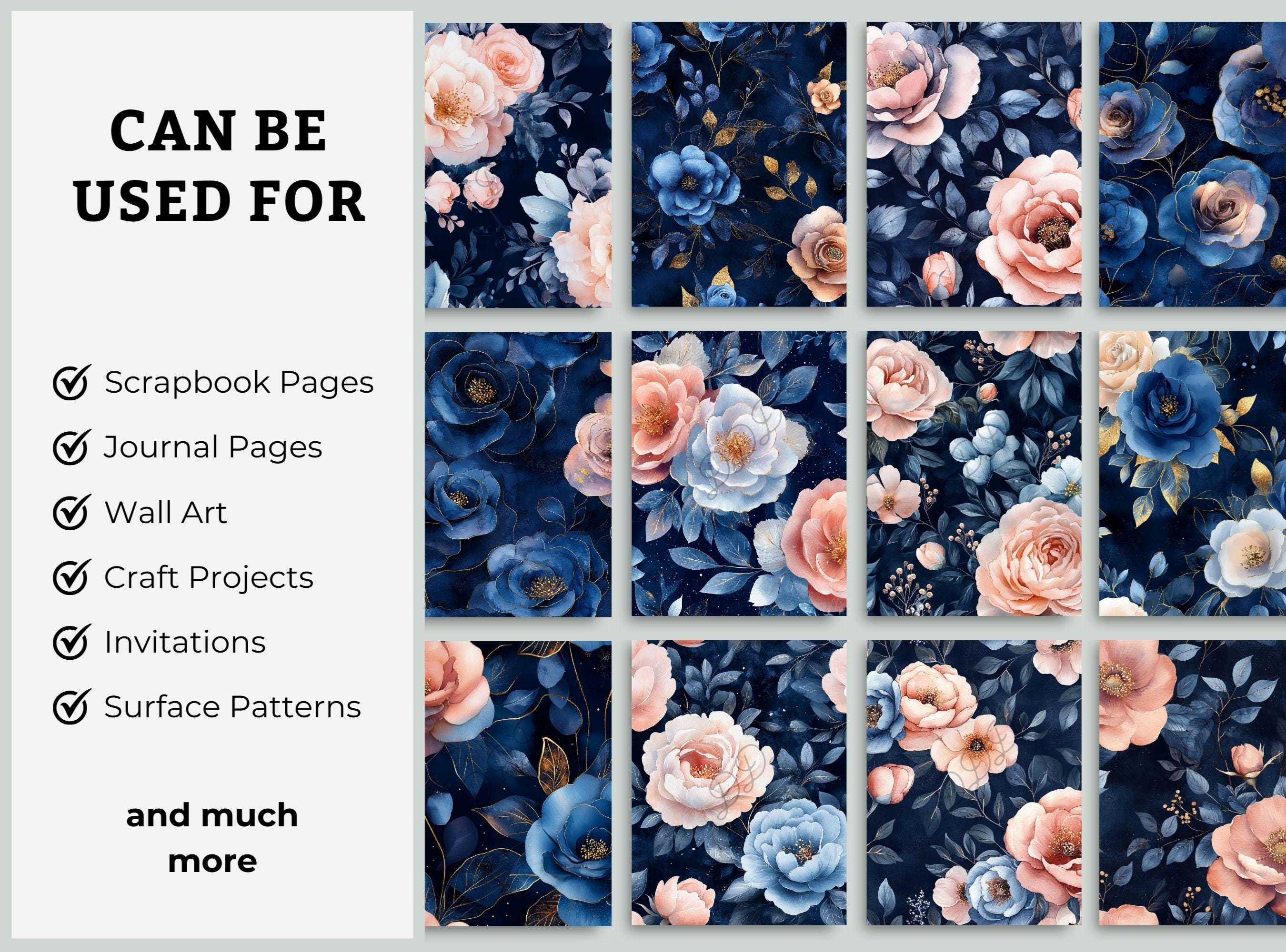 Navy Blue & Pink Floral Digital Paper Bundle, 24 JPG Seamless Patterns ...