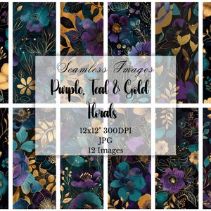 Stimmungsvolles dunkles digitales Blumenpapier, Gold-, Lila- und Türkisblumenhintergrund, Mitternachtsgarten, botanische Muster, nahtloses JPG, kommerzielle Nutzung