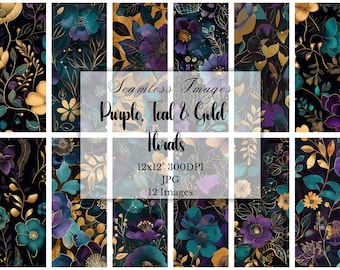 Purple Teal Gold Floral Digital Paper: Seamless Scrapbook Paper Patterns (Digital Download)