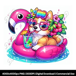 Puede incluir: Un perro corgi de dibujos animados con gafas de sol en forma de corazón y una corona de flores, descansando en un flotador de flamenco rosa en el agua. El perro está bebiendo un cóctel con pajita y sombrilla. Tema de verano.
