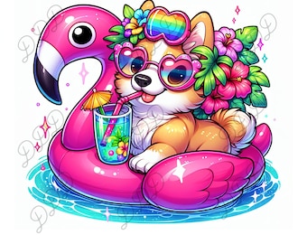 Corgi Flamingo Floatie PNG, Cute Summer Dog Design, Sublimation PNG, Digital Download, 300 DPI, Commercial Use, Transparent Background