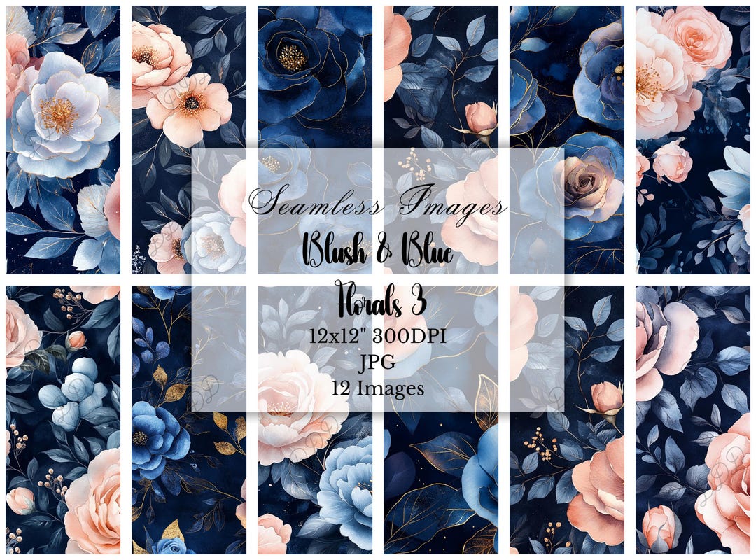 Blush & Blue Floral Digital Paper, Pink + Navy, 12 Seamless JPG ...