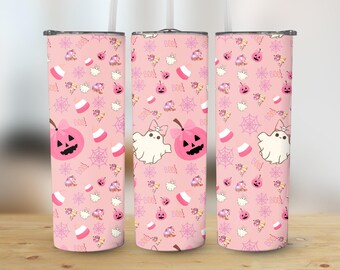 Pink Coquette Halloween Tumbler Wrap PNG, Kawaii Ghosts and Pumpkins, Pastel Halloween, Digital Download, Commercial Use, Sublimation PNG