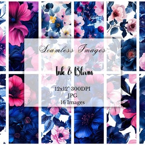May include: A collection of 16 seamless floral images in shades of blue, pink, and white. The images feature various flower designs, with the text "Seamless Images" and "Ink & Bloom" overlaid. Each image is 12x12 inches at 300 DPI.