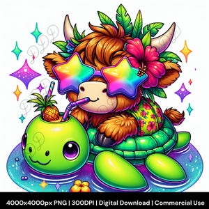 May include: A whimsical illustration of a Highland cow wearing star-shaped rainbow sunglasses and a floral shirt. It's lounging on a turtle-shaped float, sipping from a pineapple drink. The vibrant image is set against a white background with sparkling accents.