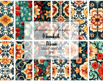Moroccan Mosaic Digital Paper: Boho Floral Backgrounds, Seamless Patterns, Scrapbook Paper, Digital Download, Commercial Use