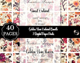 Burgundy, Orange & Pink Floral Digital Paper Bundle: Floral Backgrounds, Seamless Scrapbook Paper Patterns, Digital Download, Commercial Use