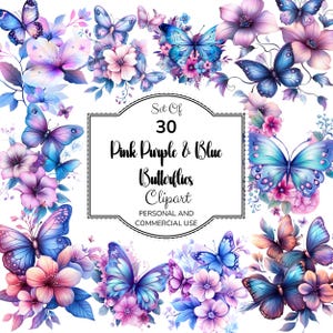 Rosa Lila Blau Schmetterlinge Clip Art, 30er Set, kommerzielle Nutzung, 300 DPI, PNG, hohe Auflösung, digitaler Download, Schmetterlinge & Blumen PNG