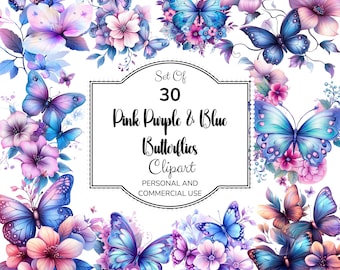 Pink Purple Blue Butterflies Clip Art, Set of 30, Commercial Use, 300 DPI, PNG, High Resolution, Digital Download, Butterflies & Flowers PNG