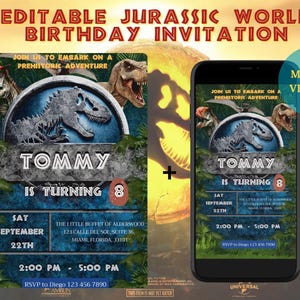 Invitación Editable para Fiesta de Dinosaurios, cumpleaños jurásico, invitación del mundo jurásico, invitación del parque, Plantilla T-Rex