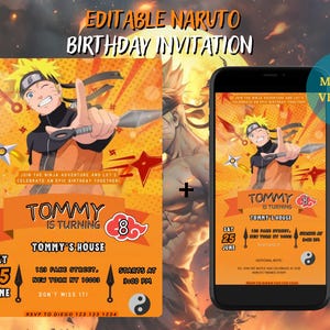 Invitation d'anniversaire Naruto modifiable, modèle numérique Canva, invitation à une fête ninja, fête animée, fête Naruto animée