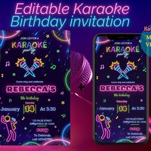 Invitation d'anniversaire de star de karaoké modifiable, chantez et célébrez à la maison avec des amis, téléchargement instantané, personnalisable dans Canva