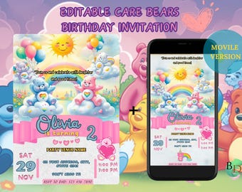 Editable Care Bears Birthday Invitation, Canva digital template, girls party invitation, rainbow party, download
