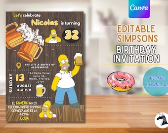 Homer Simpson Birthday Digital Invitation, Beer-themed Canva Editable Template for Adults, Instant Download