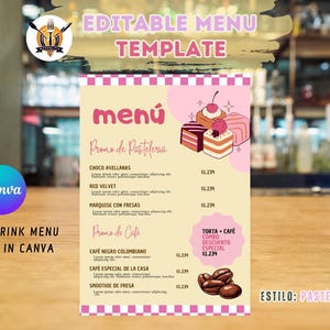Modelo de menu de café editável, menu de pastelaria e café, estilo de bolo, restaurante de doces moderno, lista de preços no canva
