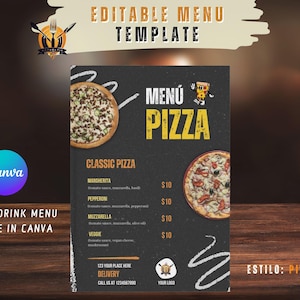 Plantilla editable menú pizzas, menu de comidas y bebidas, menú de restaurante, pizzas y empanadas comida rapida, lista de precios en canva