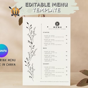 Plantilla editable de menú de restaurante, menu de comidas y bebidas, menú simple blanco, lista de precios en canva, descarga instantanea