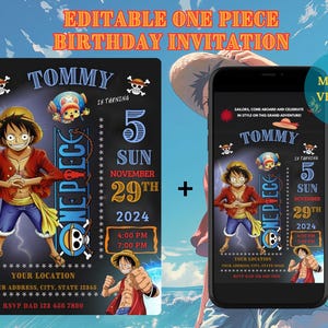 Convite de aniversário editável de One Piece, modelo digital Canva, convite para festa pirata, festa do tesouro, anime Luffy
