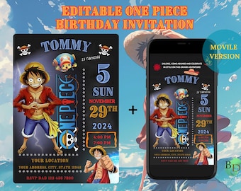 Editable One Piece Birthday Invitation, Canva Digital Template, Pirate Party Invitation, Treasure Party, Anime Luffy