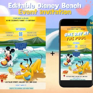 Invitation d'anniversaire Disney modifiable, modèle numérique Canva, invitation à une fête à la piscine, fête à la plage pour enfants, téléchargement instantané