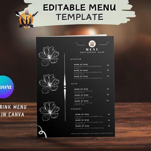 Plantilla editable de menú de restaurante, menu de comidas y bebidas, menú simple negro, lista de precios en canva, descarga instantanea