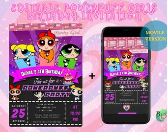 Editable Powerpuff Girls Birthday Invitation, Canva Digital Template, Girls Party Invitation, Powerpuff Girls Party