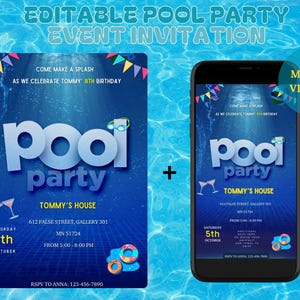 Pool Party Invitation, Swim Party, Editable Birthday Invitation, Event Template in Canva, Instant Download
