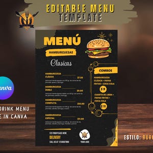 Plantilla editable menú de hamburgueseria, menu de comidas y bebidas, menú de restaurante, burger y comida rapida, lista de precios en canva