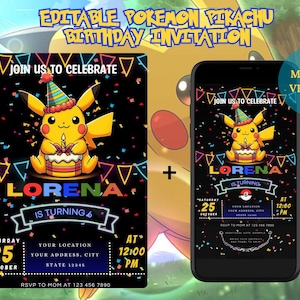 Editable Pikachu Birthday Invitation, Canva Digital Template, Kids Party Invitation, Pokemon Party, Instant Download