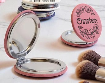 Personalized Leather Pocket Mirror, Laser Engraved Compact Mirror with Custom Name