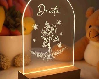 Personalized Birth Flower Night Light, Custom Engraved Name Night Light, Custom Led Light