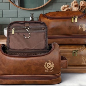 Personalized Leather Hanging Toiletry Bag, Custom Monogram Dopp Kit