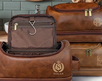 Personalized Leather Hanging Toiletry Bag, Custom Monogram Dopp Kit