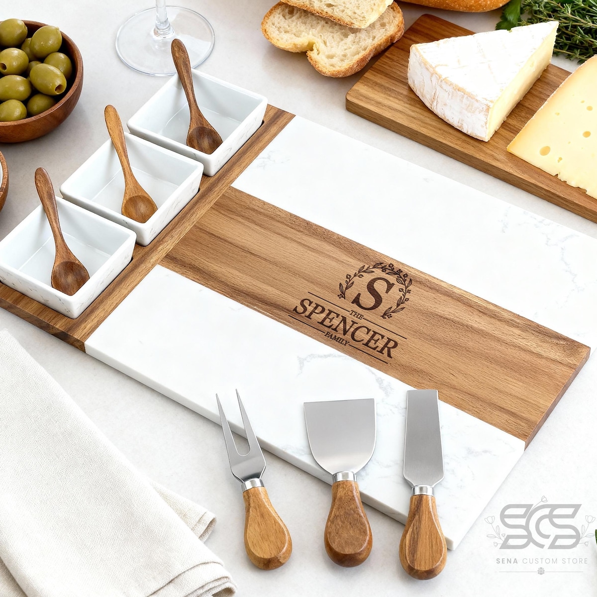 Personalized Charcuterie Board, Engraved Marble and Wood Serving Tray With Bowls, Rustic Housewarming, Custom Kitchen Gift Set With Coasters - Etsy
