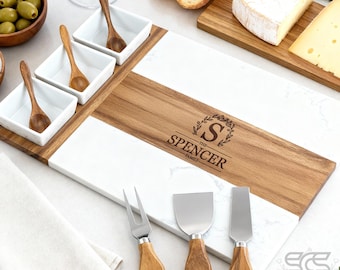 Personalized Charcuterie Board for Housewarming, Custom Engraved Cheese Board Set with Bowls & Knives, Marble and Wood Serving Board