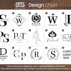 Peut inclure: Tableau de conception avec 15 options diff&eacute;rentes pour la gravure personnalis&eacute;e. Chaque option pr&eacute;sente un design unique, comprenant des initiales, des noms, des dates et des symboles. Le tableau est en noir et blanc et a un fond en bois.