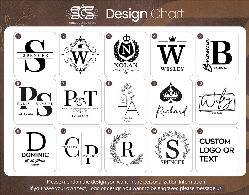 Peut inclure: Tableau de conception avec 15 options diff&eacute;rentes pour la gravure personnalis&eacute;e. Chaque option pr&eacute;sente un design unique, comprenant des initiales, des noms, des dates et des symboles. Le tableau est en noir et blanc et a un fond en bois.