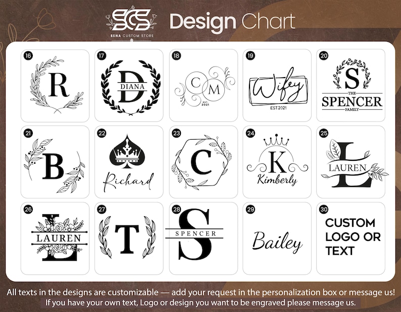 Pu&ograve; includere: Un grafico di design con varie opzioni di testo e logo personalizzabili. I design includono iniziali, nomi e frasi come "Wifey" e "Bailey", il tutto in bianco e nero. Il grafico offre opzioni per l'incisione personalizzata.