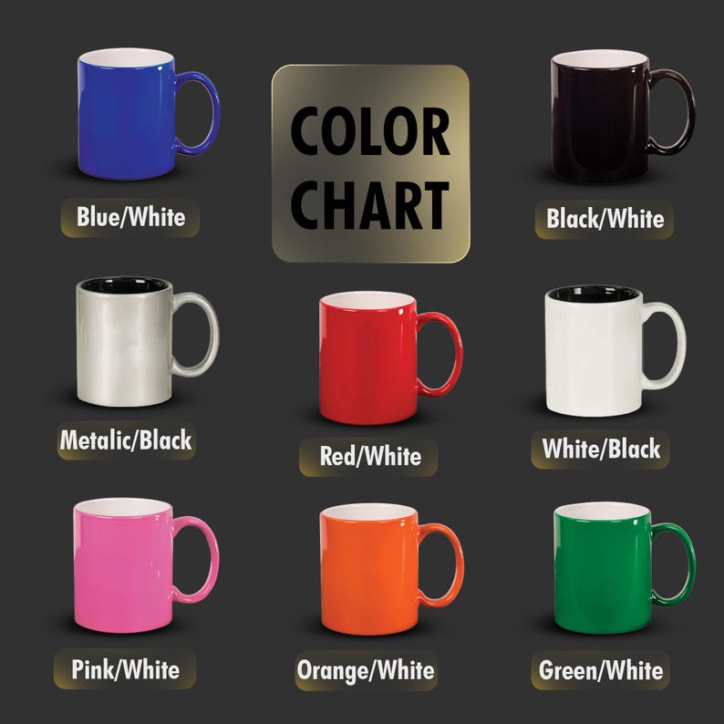 Pu&ograve; includere: Una tabella colori che mostra varie tazze in ceramica in diverse combinazioni di colori. Le tazze includono blu, nero, metallizzato, rosso, bianco, rosa, arancione e verde, ognuna con un interno bianco o nero. Il testo "COLOR CHART" &egrave; visualizzato.